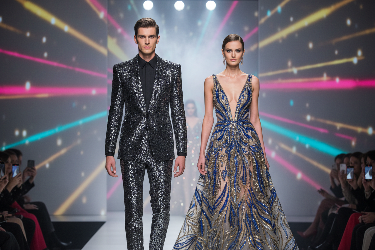 4k image for a closeup of beautiful professional model couple walking on a ramp wearing an exclusive designer glittering and shimmering with mesmerising lighting in background , show little audience on sides seated with their mobiles trying to take some photos of the ramp models