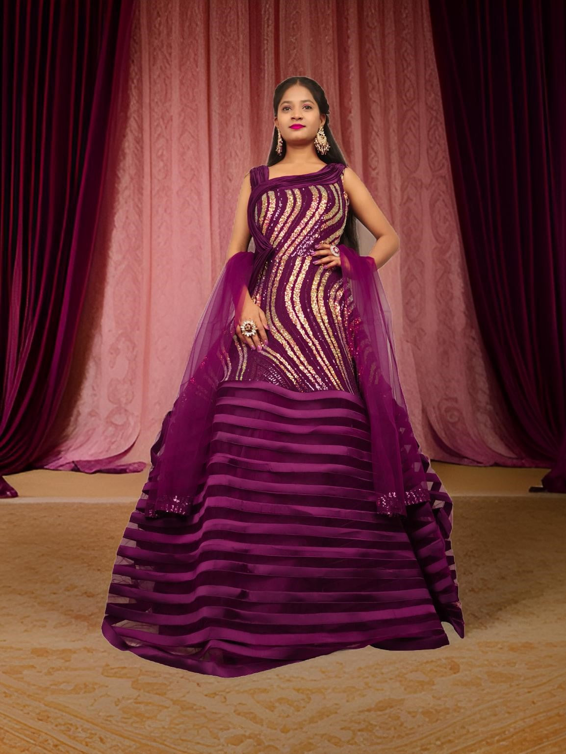 Gown with heavy Rose Gold & Gold Sequin Work