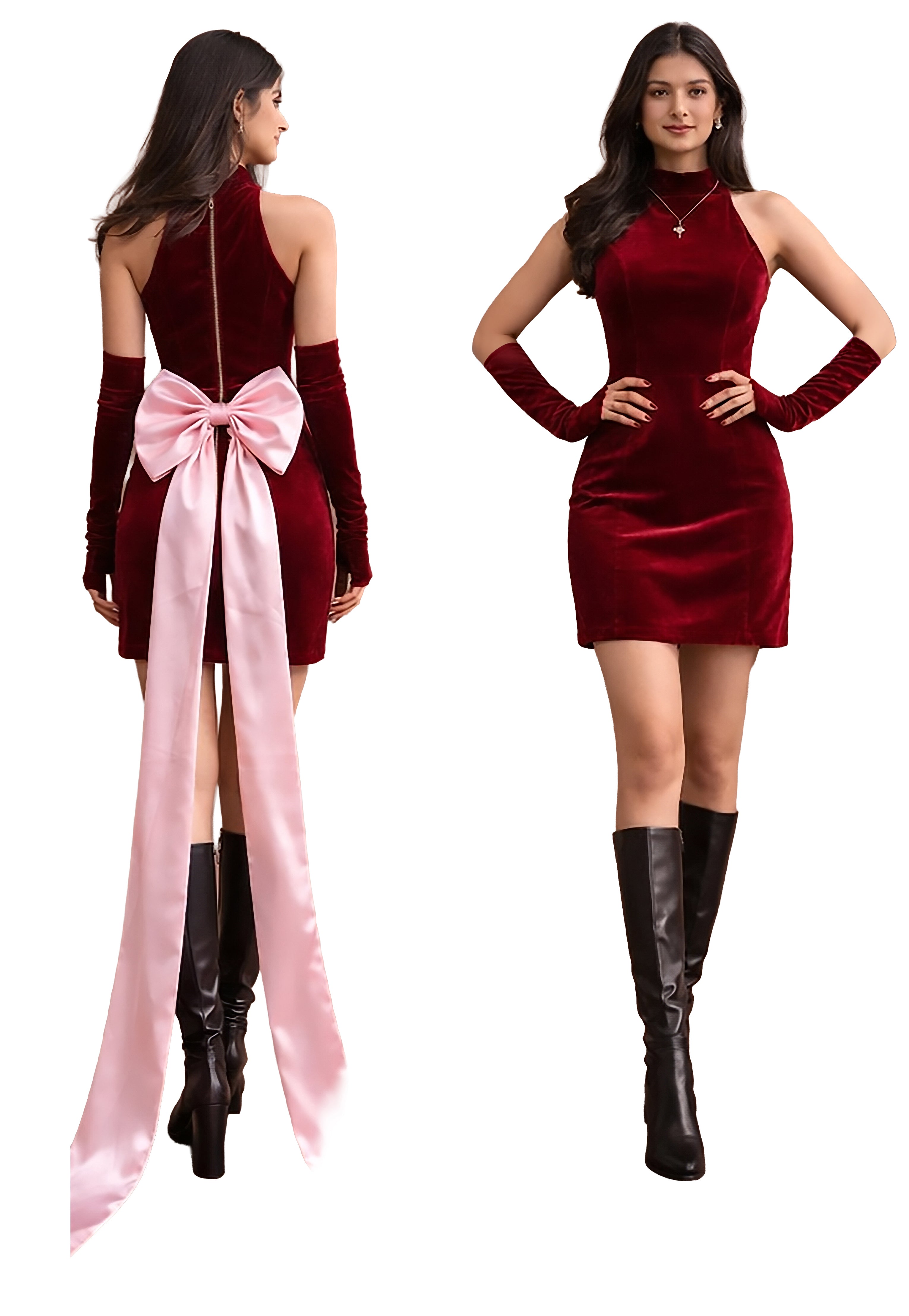 Maroon Red Velvet Party Dress
